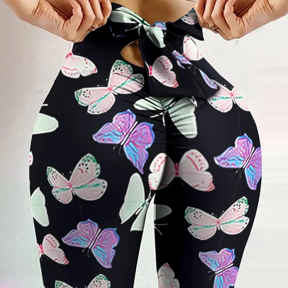 High Waist Butterfly Printed Bowknot Leggings for Women