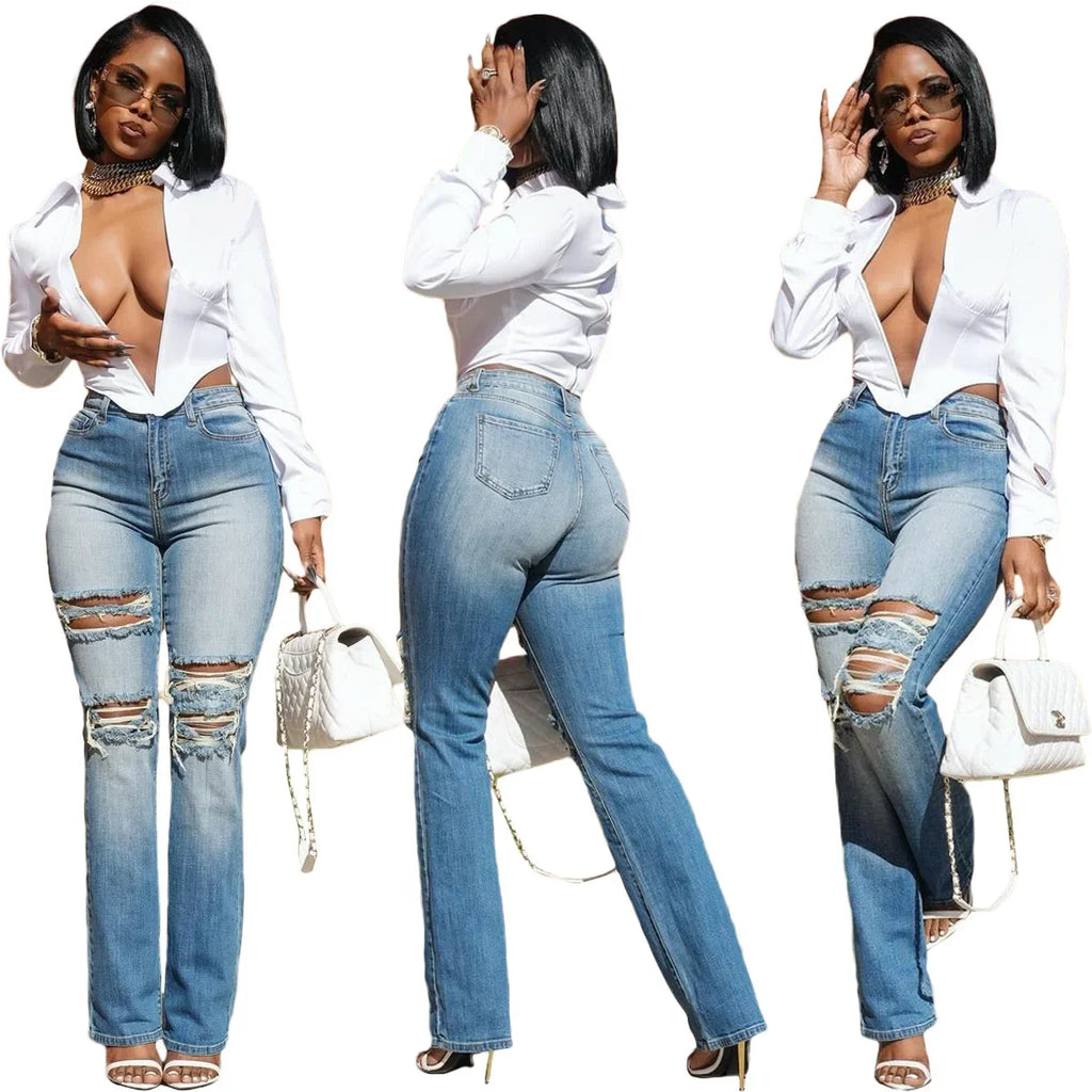 Hole Jeans Women Straight Pants Strecth High Strecth 2025 Streetwear Denims Washed Distressed Pockets Vintage Ripped Trousers