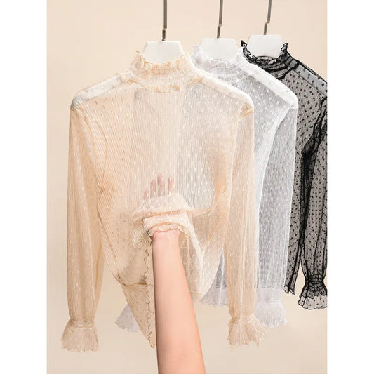 Bella Philosophy Women High Collar Mesh Perspective Blouse Summer Thin See Through Slim Bottoming Lace Long Flare Sleeved Tops