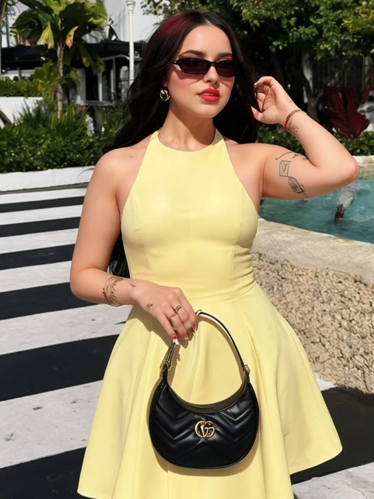 TRAF 2025 Woman Fashion Sleeveless Midi Dresses Casual Slim Wave Style Halter Neck Dress Vestidos Mujer