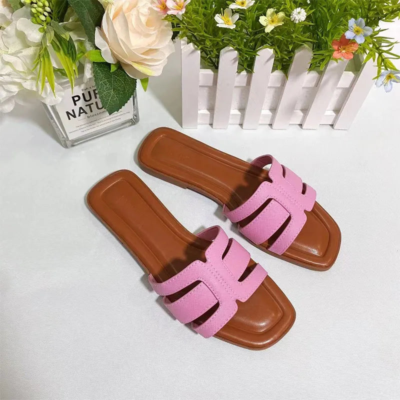 Women’s French Square Toe Slides — Multicolor H‑Slippers Summer Beach Sandals High‑Quality Designer Style