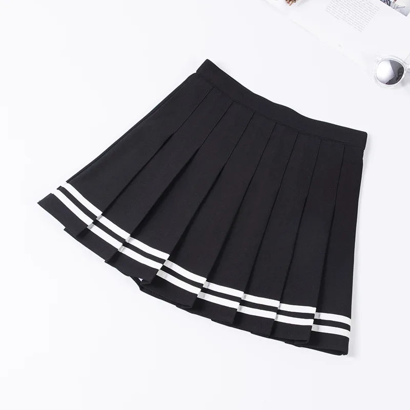 High‑Waist Elastic Patchwork Striped Pleated Mini Skirt
