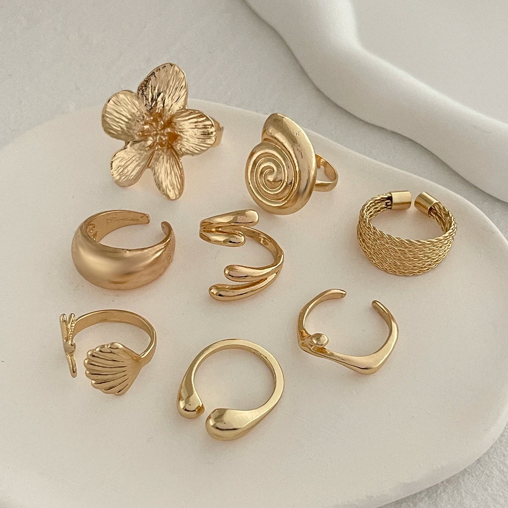 Ingemark 8Pcs/Set Vintage Metal Petal Flower Water Drop Open Rings for Women Trend 2025 Goth Geometric Ring Daily Jewelry Gift