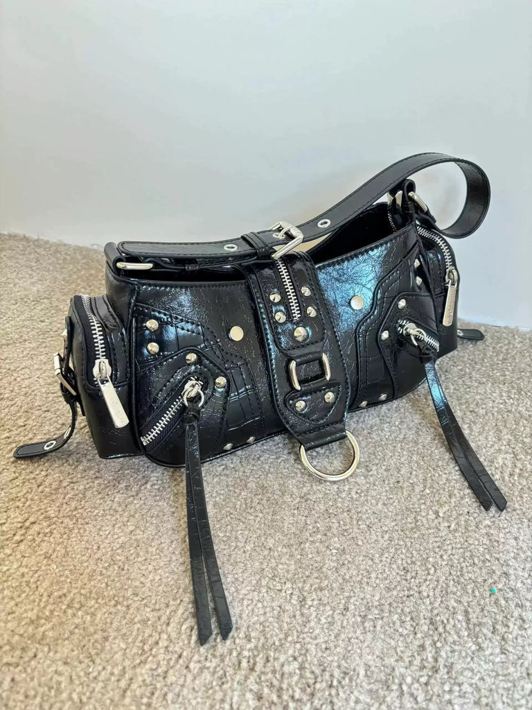 Women's Y2k Studded PU Leather Shoulder Purse Gothic Punk Vintage Rivet Handbag Black Bag with Spikes Luxury Underarm Bags