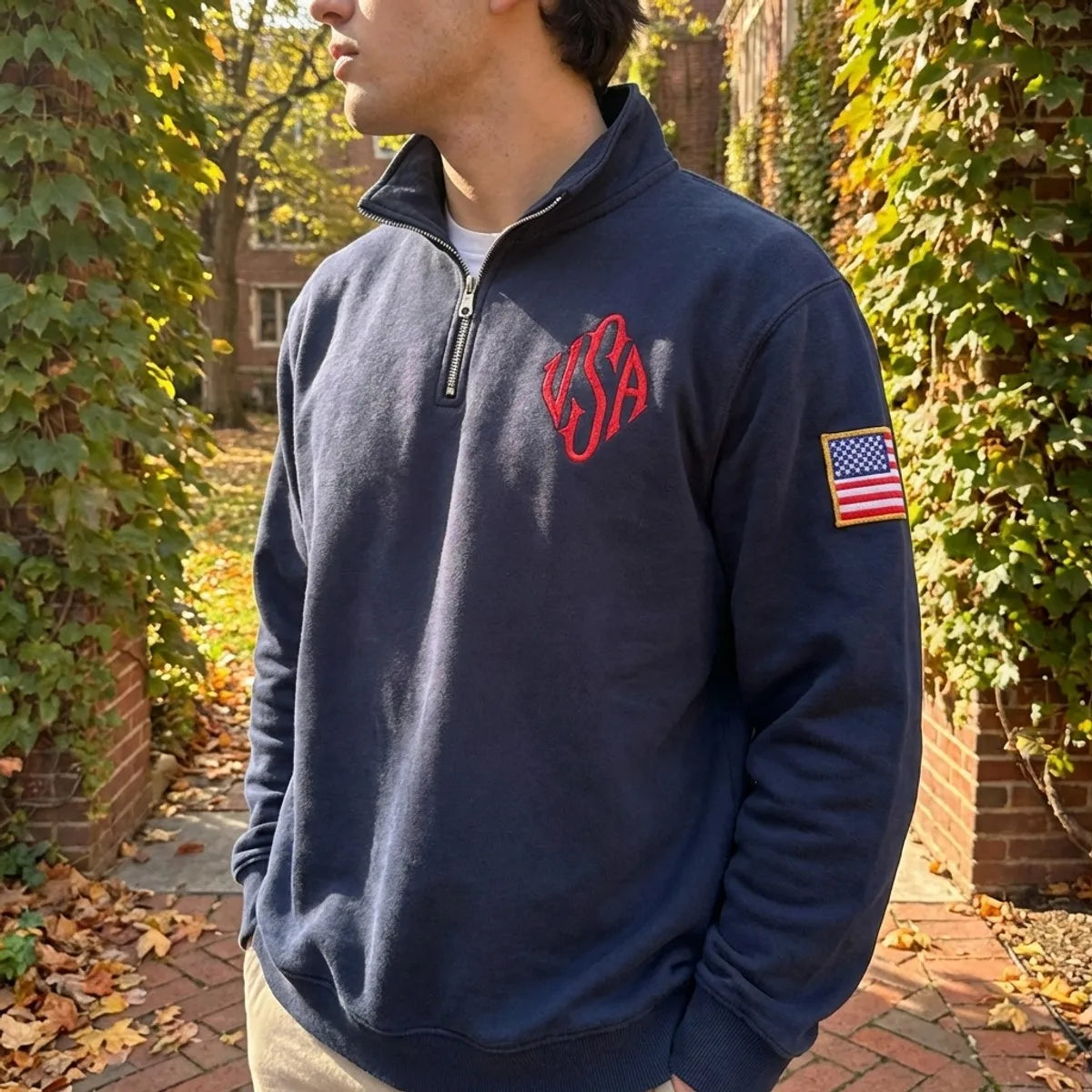 Y2K American Flag Embroider Hoodies Quarter Zip Sweatshirts Men Navy Blue White Pullover Patch Sleeve Streetwear Casual Sweater