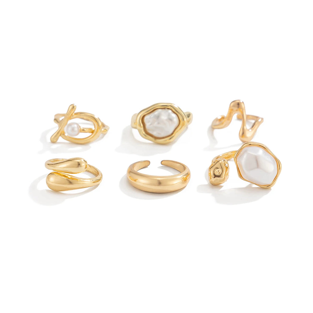 Ingemark 6‑Piece Boho Pearl & Metal Ring Set