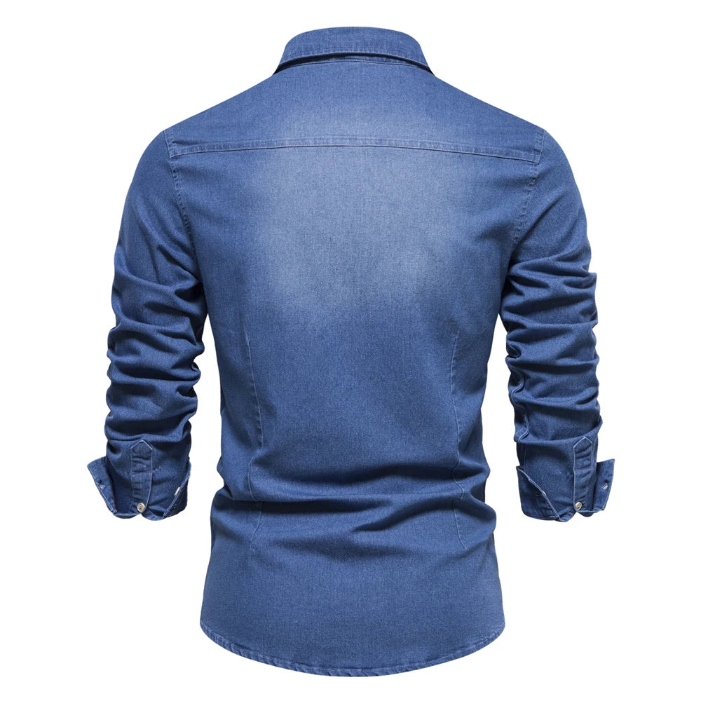 Men’s Elastic Cotton Denim Shirt – Slim‑Fit Long‑Sleeve Cowboy Western Casual Top | AIOPESON Designer Style