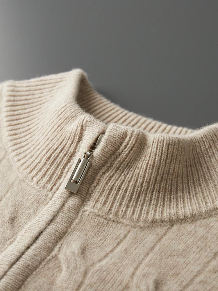 Autumn Winter Men Half Zippers 100% Merino Wool Sweater Thicken Twist Flower Pullover Retro Casual Cashmere Knitwear Solid Tops