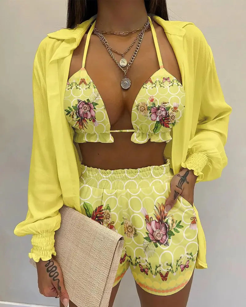 Women’s 2024 High‑Waist 3‑Piece Bikini Set – Printed Swimsuit with Shorts Cover‑Up Summer Beachwear