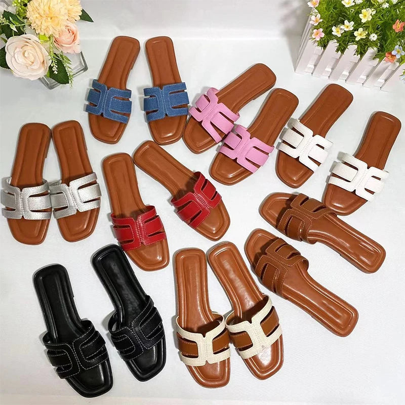Women’s French Square Toe Slides — Multicolor H‑Slippers Summer Beach Sandals High‑Quality Designer Style
