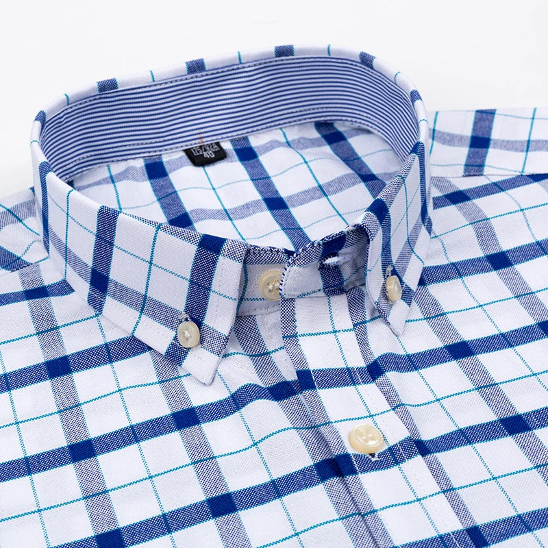 Men’s 100% Cotton Oxford Short‑Sleeve Shirt – Breathable Summer Plaid/Striped Business Casual (Regular/Oversized Fit)