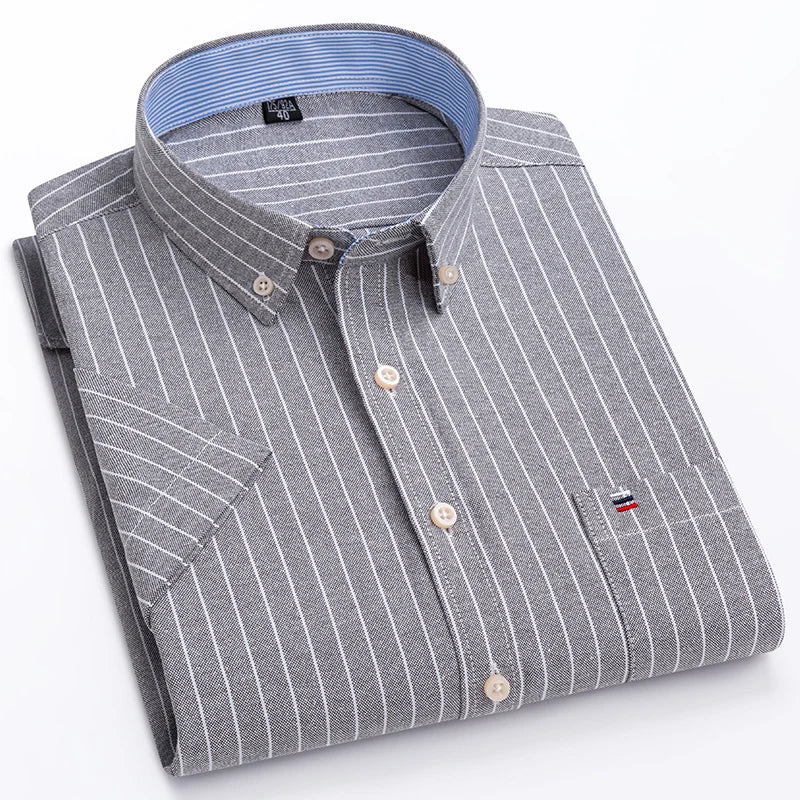 Men’s 100% Cotton Oxford Short‑Sleeve Shirt – Breathable Summer Plaid/Striped Business Casual (Regular/Oversized Fit)