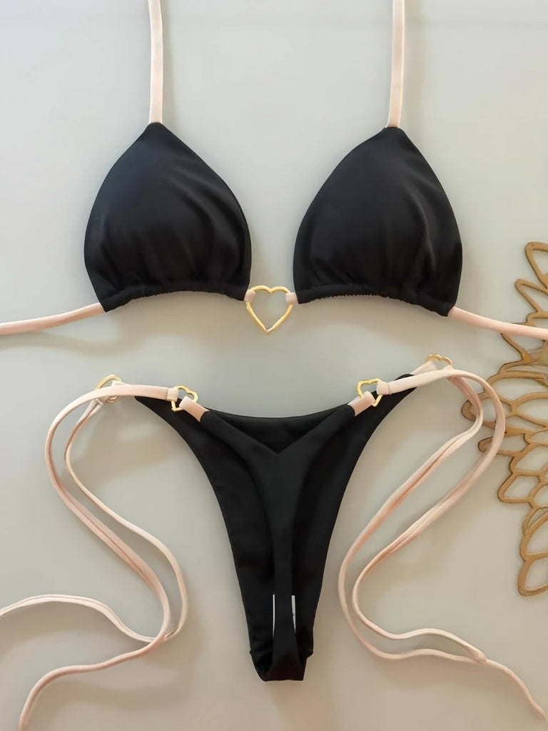 Women’s Sexy Halter Triangle Bikini – Low‑Waist Brazilian Thong Two‑Piece Swimsuit (Solid Color)