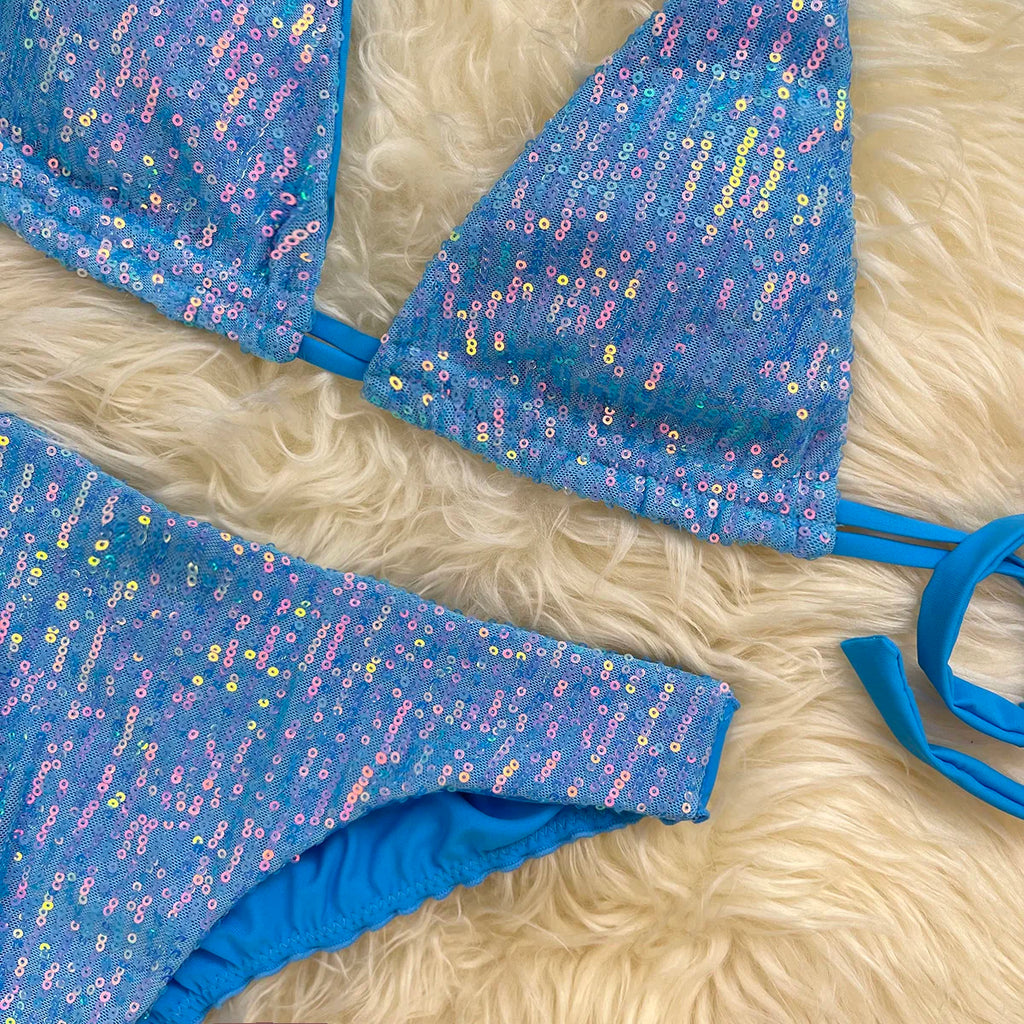 Melphieer Sequins Sparkle Bikini Set — Strappy Bandage Ruching Bum Two‑Piece Swimsuit for Beach, Pool & Holiday Outfits