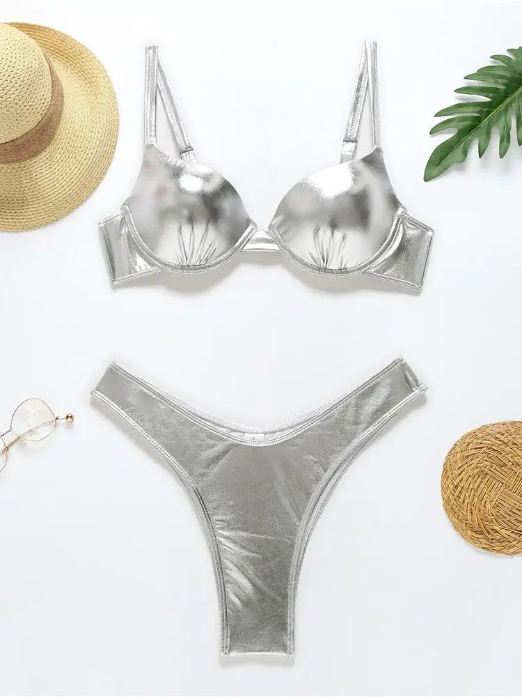 Sexy Metallic Brazilian Bikini Push Up Silver Golden Swimsuit Female Bathers Bandage Swimwear Women 2021 Summer Bathing Suit