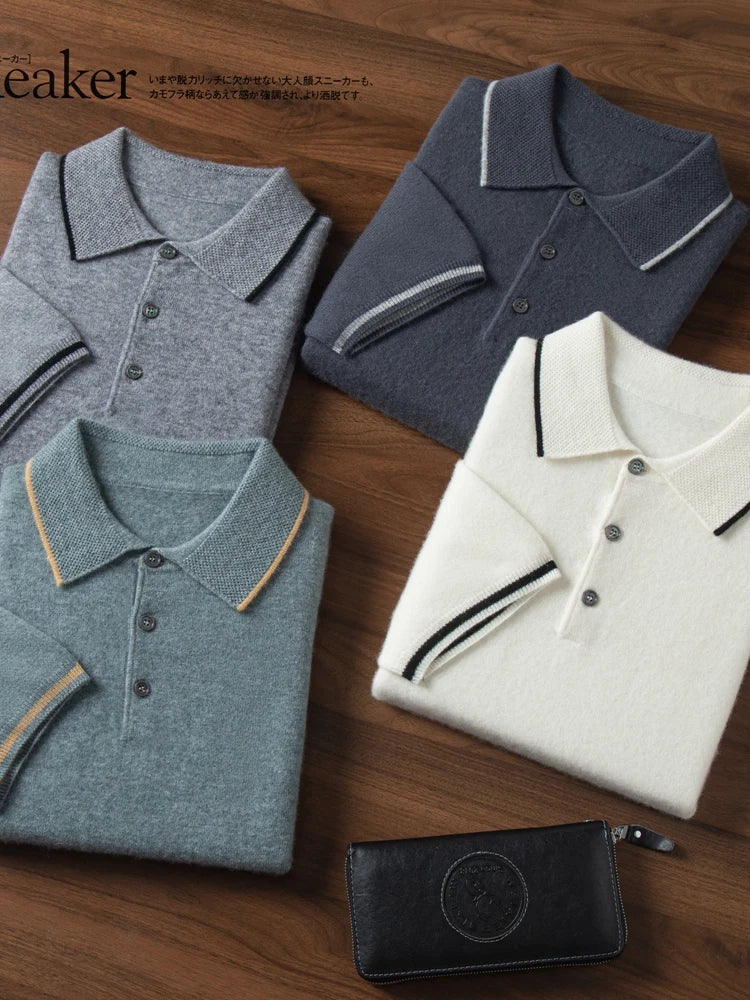 ADDONEE Men's Cashmere Summer Polo T-shirt Smart Casual Short Sleeve Pullover Sweater 100% Cashmere Knitwear Korean Fashion Tops