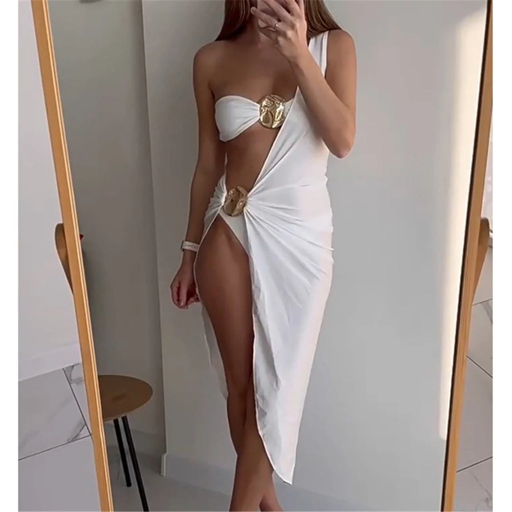 Women’s 2026 Bandeau Bikini Set – 3‑Piece Swimsuit with Long Maxi Cover‑Up Dress V6100