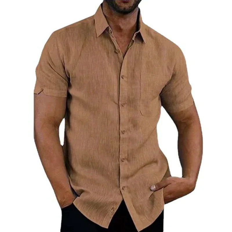 Men’s Cotton‑Linen Summer Shirt – Solid Short‑Sleeve Turn‑Down Collar Casual & Beachwear Top