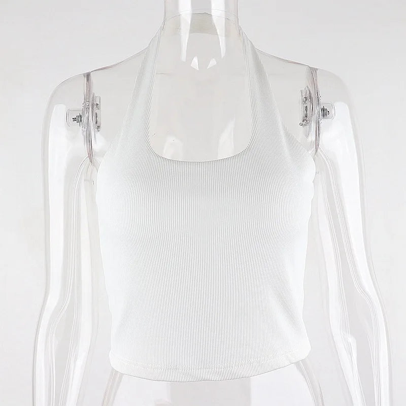White Halter Backless Ribbed Knit Crop Top — 2023 Streetwear Feminino Style