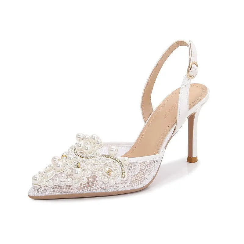 2025 White Wedding Shoes Bridesmaid Shoes Women's Lace Shoes Fashion High Heels Pearl Pumps