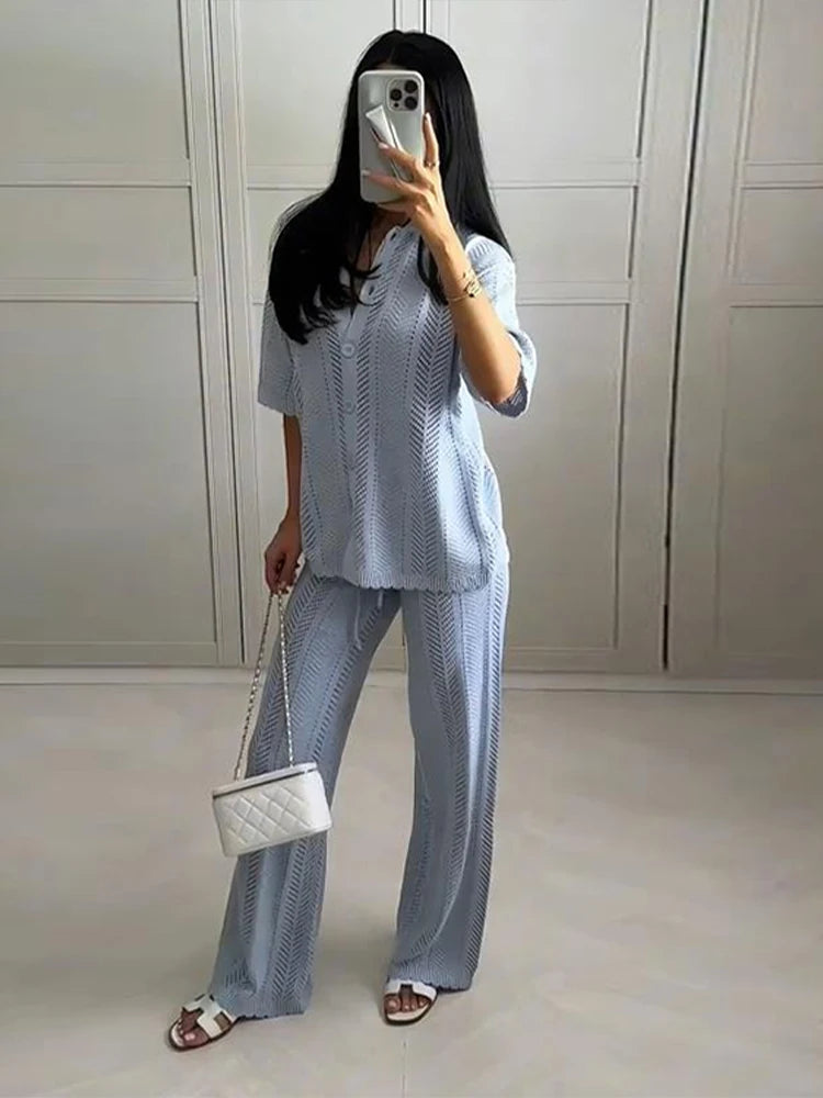Fashion Hollow Out Knitted Long Pants Sets For Women Solid Single Breasted Short Sleeved Sweater Wide Leg Trouser 2 Pieces Suit