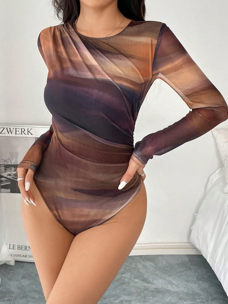 Women’s Pleated Mesh Floral Print Bodysuit