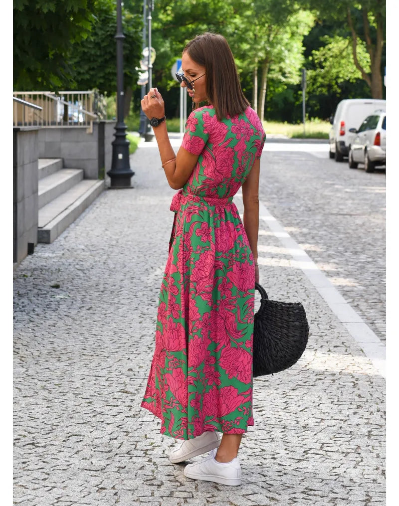 Summer Polka Dot Split Hem Long Dress Women 2023 New Fashion V Neck Print Sundress Vestidos Short Sleeved Waisted Lace-up Dress