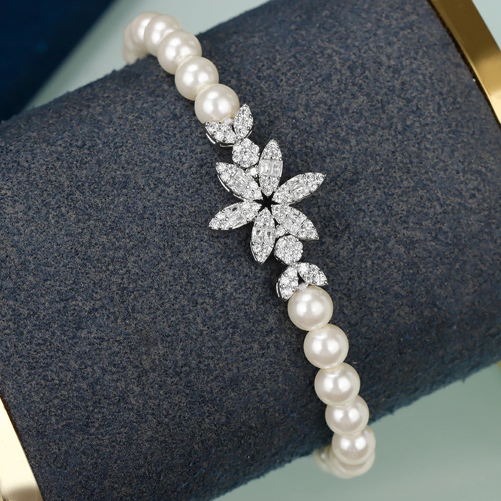 JEWEL Hot Sale New Style Pearl Necklace Bracelet Earrings Ring 4PCS Cubic Zirconia Set For Women Bride Wedding Jewelry