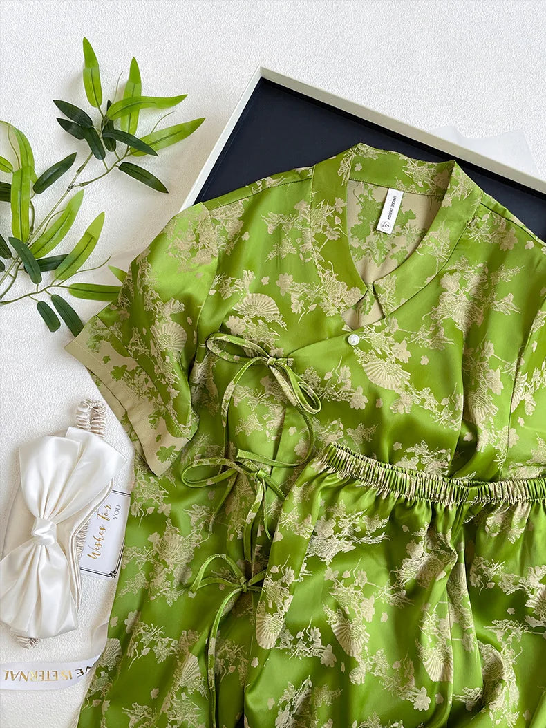 New Chinese Style Pajamas Women Jacquard Flower Sleepwear Short Sleeve Trouser Suits Spring Summer Silk Satin Nightwear Homewear