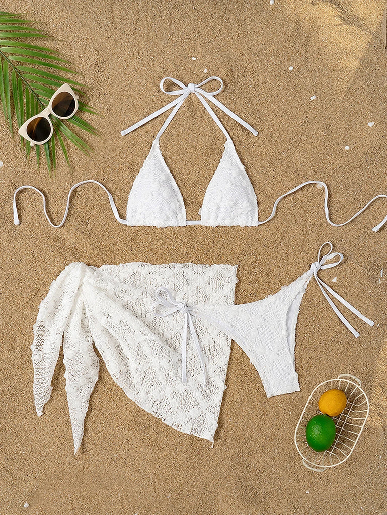 Women’s 2025 White Lace 3‑Piece Bikini – Bandage Push‑Up Thong Swimsuit with Maxi Cover‑Up Skirt