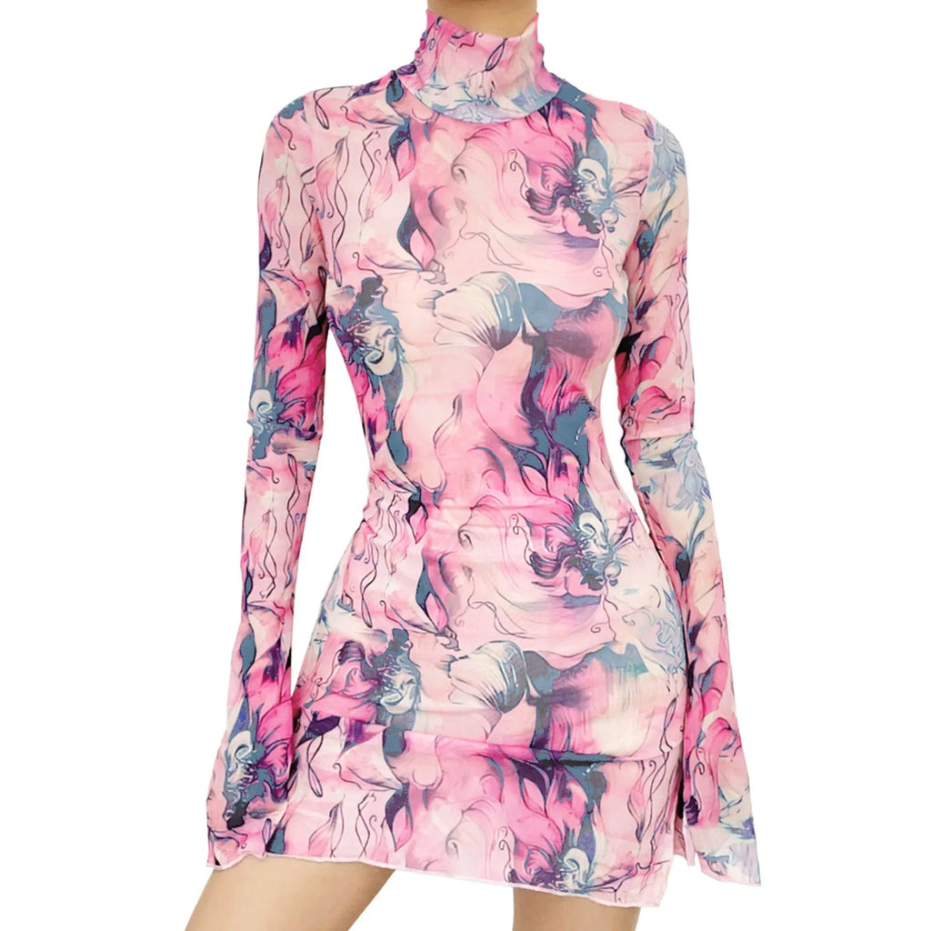 Ladies Mesh Printed Y2k Vintage Dress High Street Slim Elastic Bodycon Party Dress Round Neck Bell Sleeve Side Open Hip Dresses