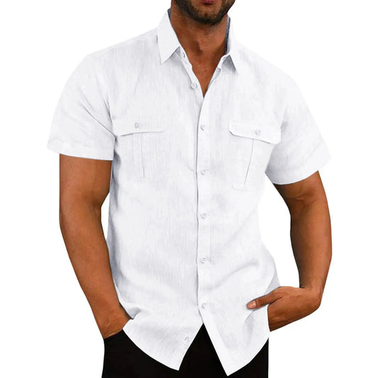 Men’s Summer Short‑Sleeve Shirt – Solid Color Fashion Top with Two Chest Pockets, Outdoor Casual Cardigan Style
