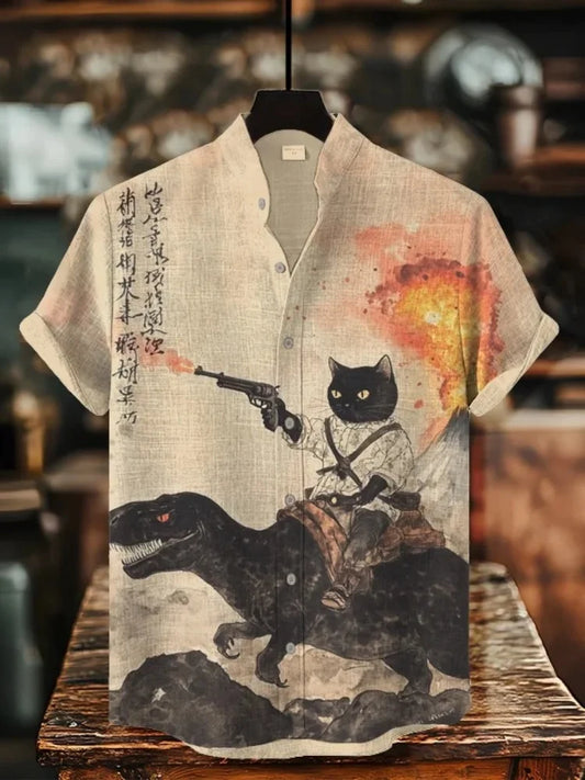 Men's Retro Cat Shirt Funny Calligraphy Dinosaur Volcanic Eruption Print Short Sleeve Holiday Outwear Vintage Japanese Clothing