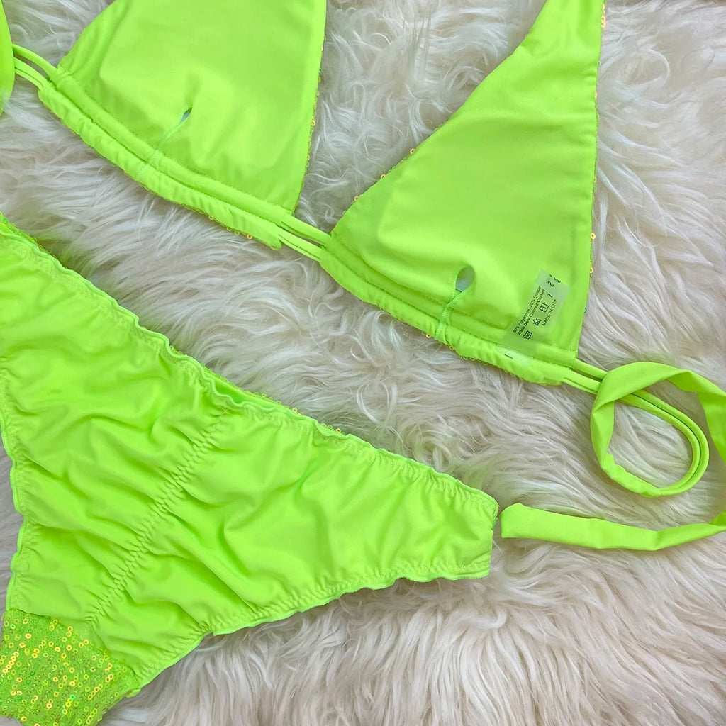 Melphieer Sequins Sparkle Bikini Set — Strappy Bandage Ruching Bum Two‑Piece Swimsuit for Beach, Pool & Holiday Outfits