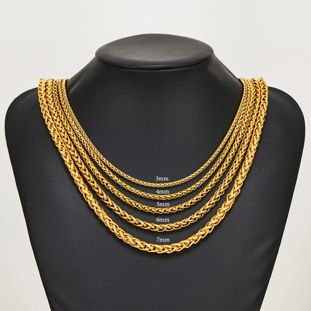 HIYEE Thickness 3/4/5/6/7/8mm Gold Color Wheat Braided Stainless Steel Necklace Link Classic Curb Chain for Men Women Jewelry