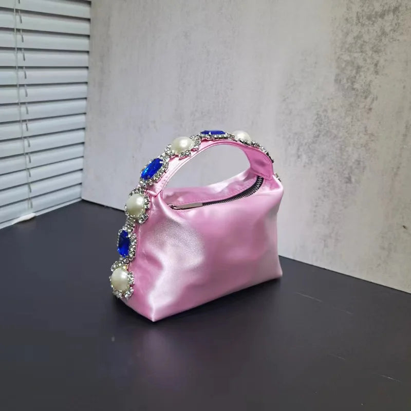 Luxury Designer Pearl Beaded Satin Hobo Bag Women Handbag Rhinestone Diamond Evening Bag Wedding Party Clutch Purse Shoulder Bag