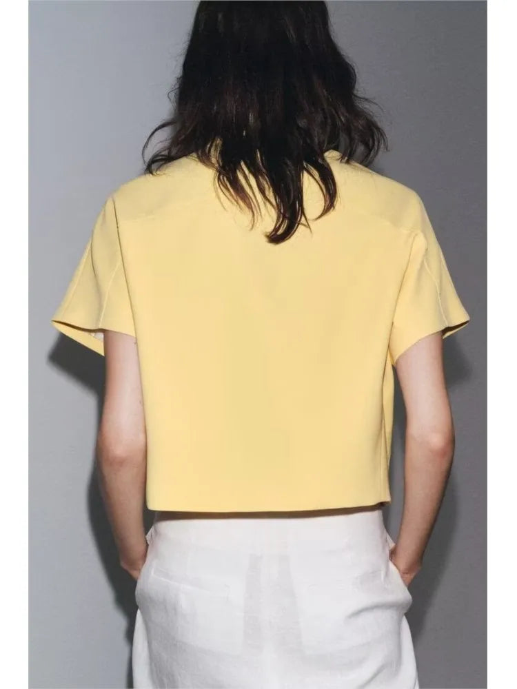 HipSeam Women Lapel Collar Short Jacket Women's Cropped Short Collared Jackets With Zipper Lady Short Sleeve Coat Female Jacket