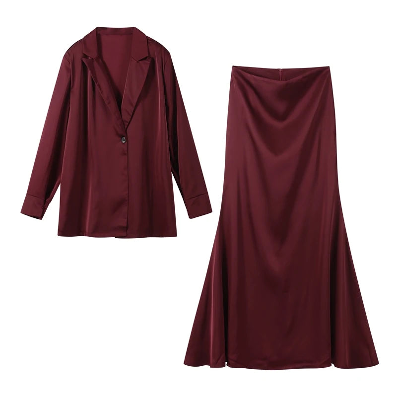 Elegant Long Skirt Set for Women Casual Solid Loose Long Sleeve Lapel Shirt Female Skirts Suit 2025 Spring Lady 2 Pcs Outfits