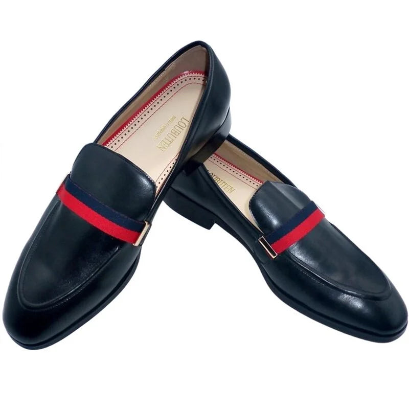 LOUBUTEN Luxury Fashion Italian Black Genuine Leather Loafers Handmade Men Dress Shoes Slip On Party Wedding Shoes