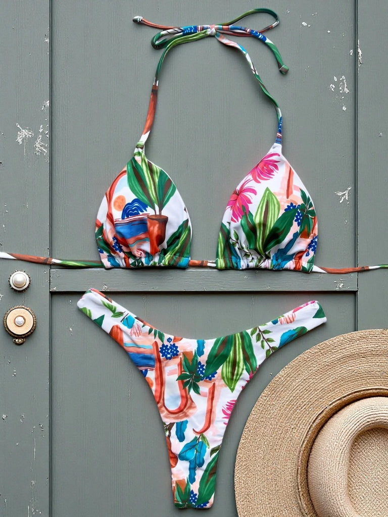 FLAXMAKER Lace‑Up V‑Neck Ruffle Monokini & Sarong