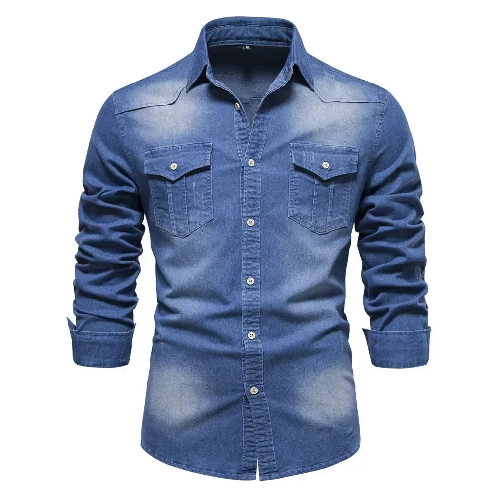 Men’s Elastic Cotton Denim Shirt – Slim‑Fit Long‑Sleeve Cowboy Western Casual Top | AIOPESON Designer Style