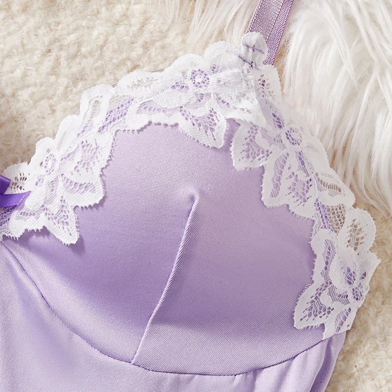 Light Purple Deep‑V Lace Bow Nightdress