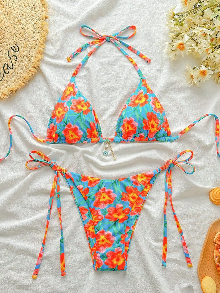 Floral Print Tie Side Bikini Set Women Sexy Trendy Cute Yet Sultry Premium Two Piece Swimsuit for Beach Hot Spring Vacation