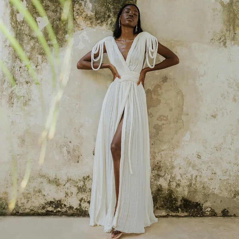 Strap Off Shoulder Hanging Neck Woven Rope Women Dress V-neck Slit Pleated Robe 2025 Summer Vacation Beach Lady Long Dresses
