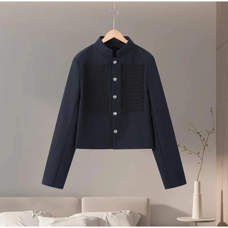 Napoleon Golden Short Jacket Women Vintage Stand Collar Long Sleeve Cropped Jackets 2026 Spring New Lady Outwear High Street