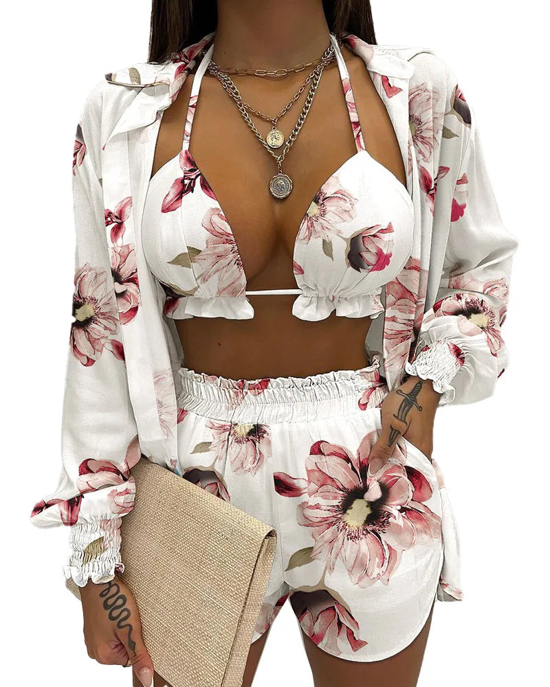 Women’s 2024 High‑Waist 3‑Piece Bikini Set – Printed Swimsuit with Shorts Cover‑Up Summer Beachwear