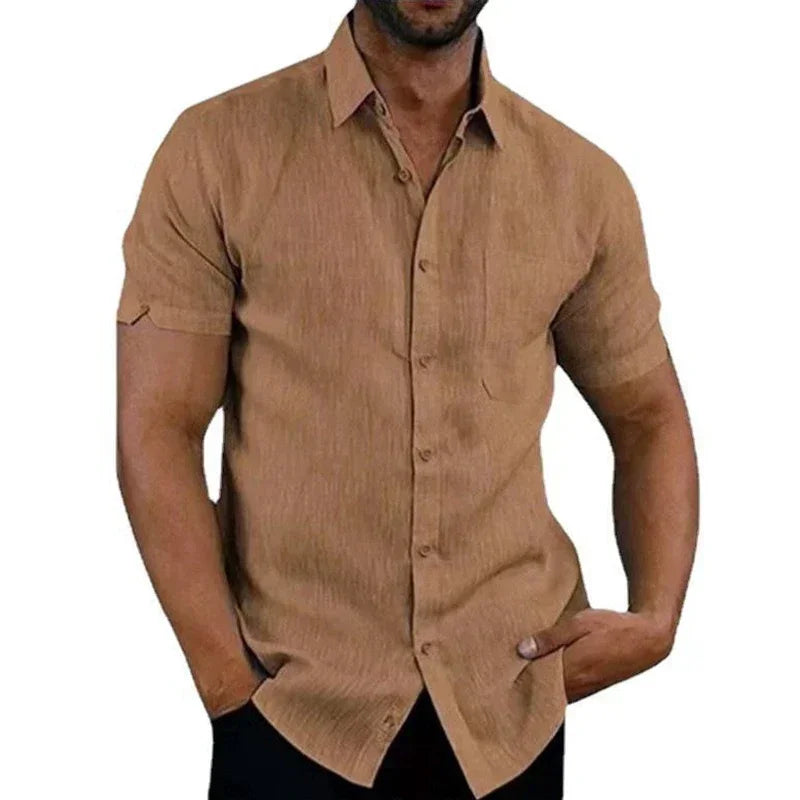 Men’s Cotton‑Linen Summer Shirt – Solid Short‑Sleeve Turn‑Down Collar Casual & Beachwear Top