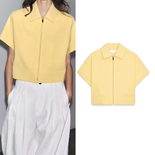HipSeam Women Lapel Collar Short Jacket Women's Cropped Short Collared Jackets With Zipper Lady Short Sleeve Coat Female Jacket