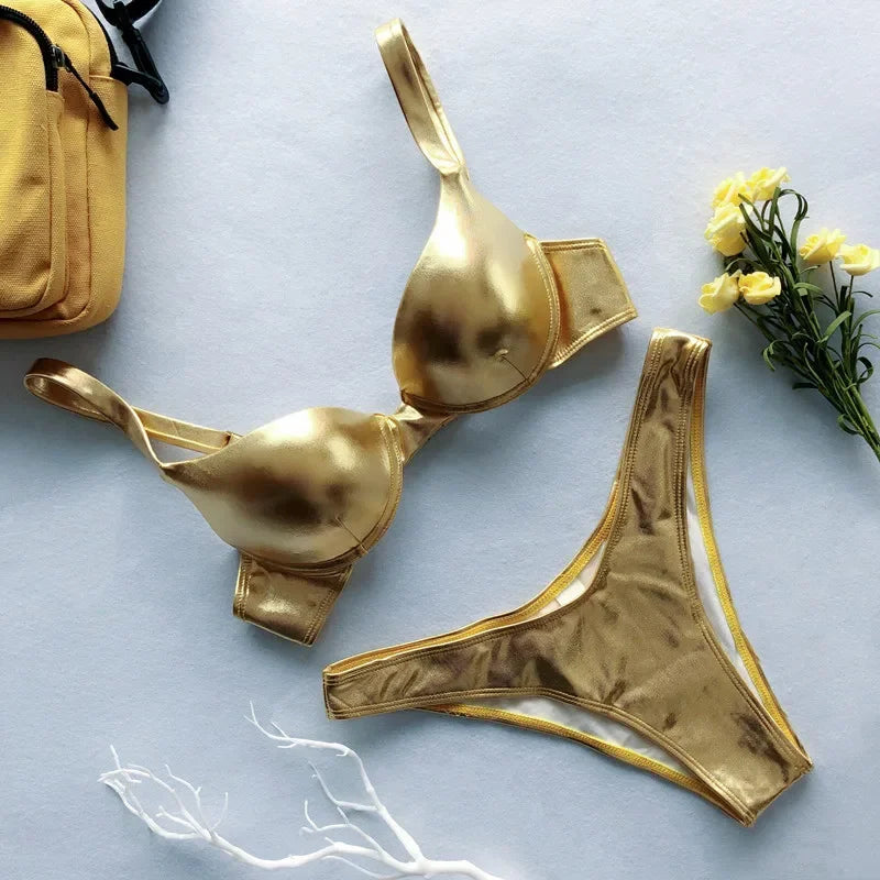 Metallic Push‑Up Thong Bikini