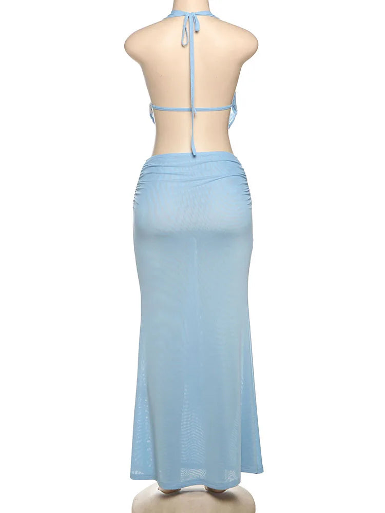 Sisterlinda Mesh High Street 2Piece Set Solid Sexy Stunning Lace UP Draped Swinging Neck Chic Tank+Maxi Skirts Mujer Party Suits